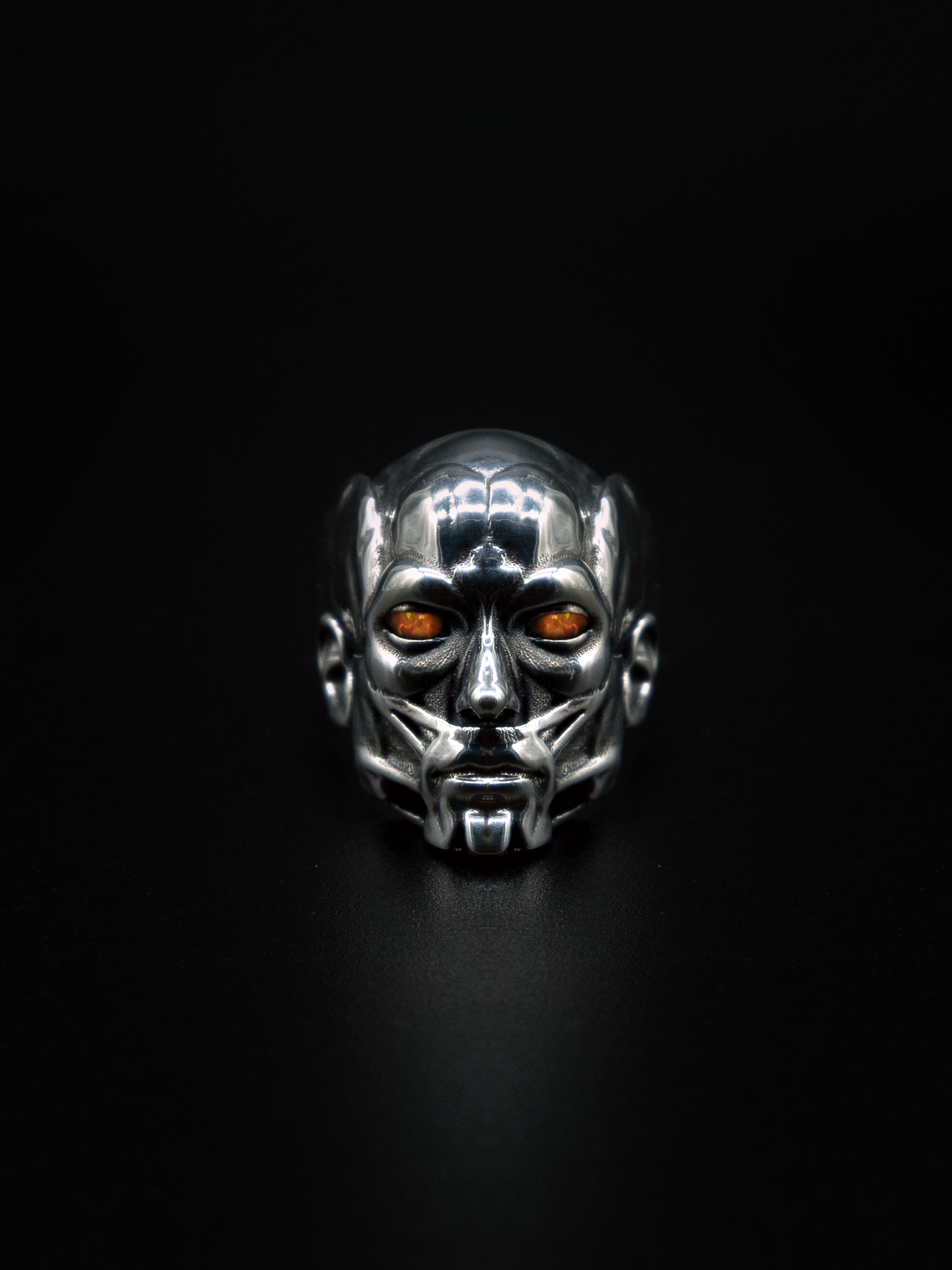 Accuser ring, mens and womens sculpture jewelry, orange opals, and moving kinetic