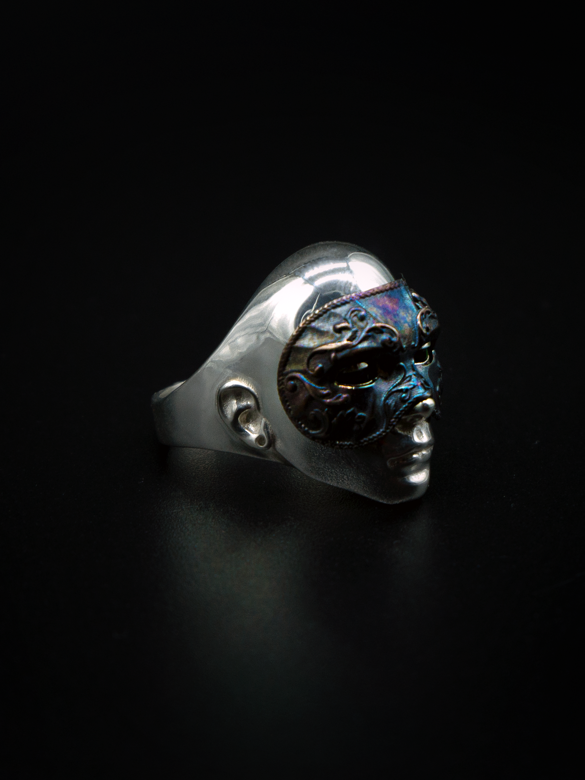 mask ring sterling silver mens and womens jewelry, face mask, Victorian era ring, renaissance jewelry, opals