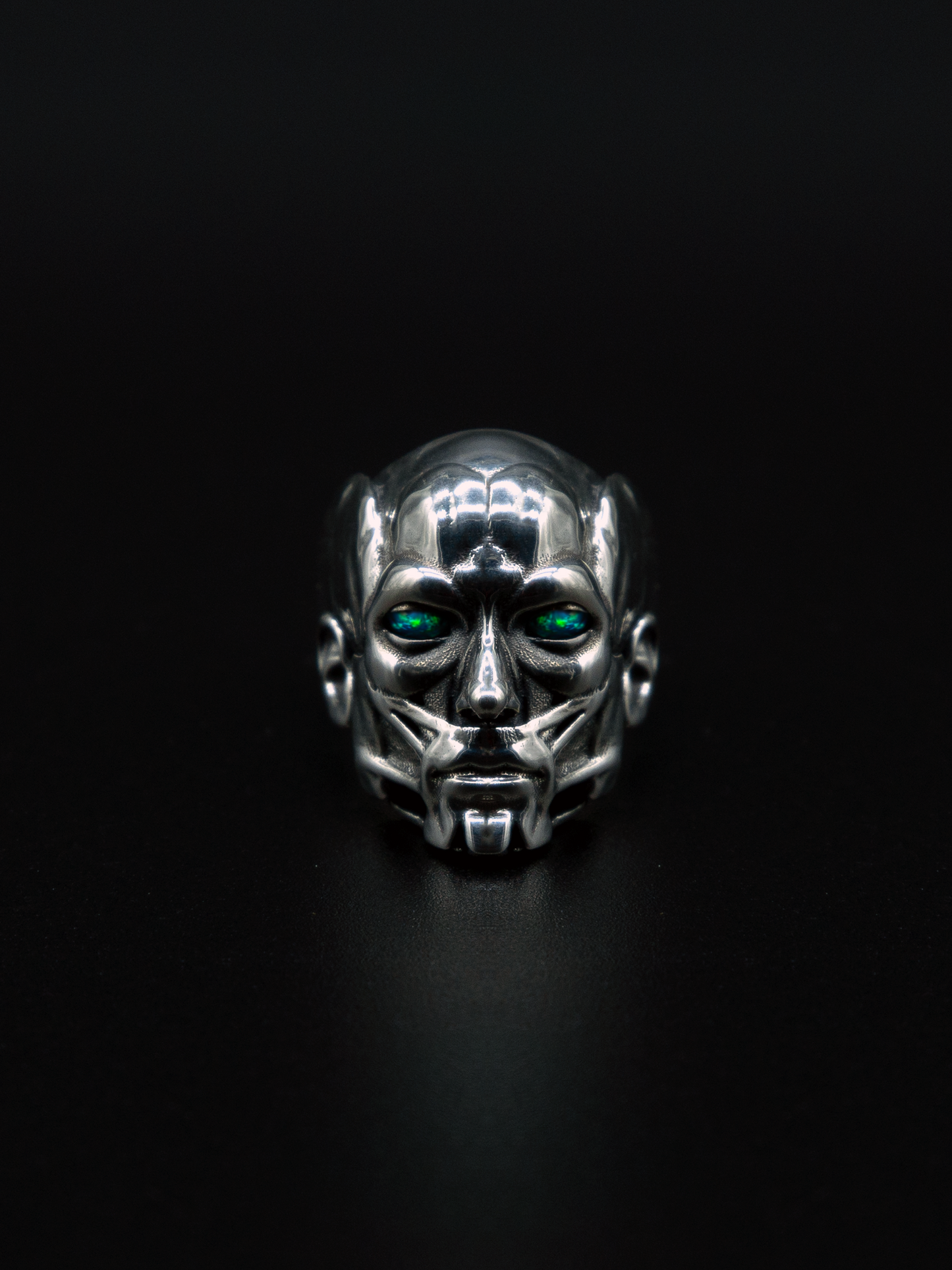 Accuser ring, mens and womens sculpture jewelry, black opals, and moving kinetic