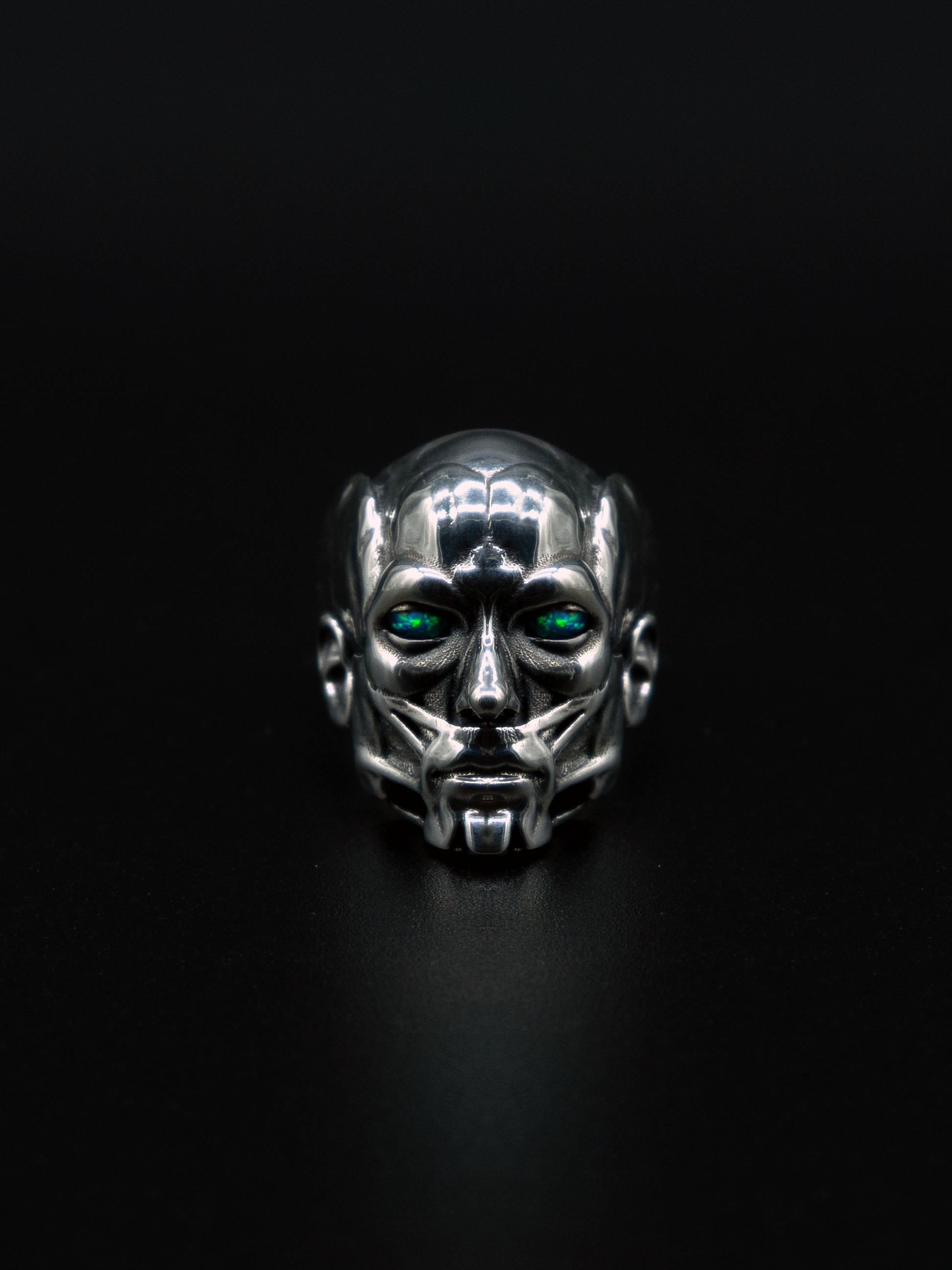 Accuser ring, mens and womens sculpture jewelry, black opals, and moving kinetic