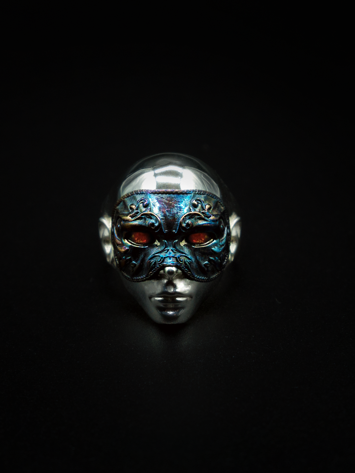 mask ring sterling silver mens and womens jewelry, face mask, Victorian era ring, renaissance jewelry, red opals