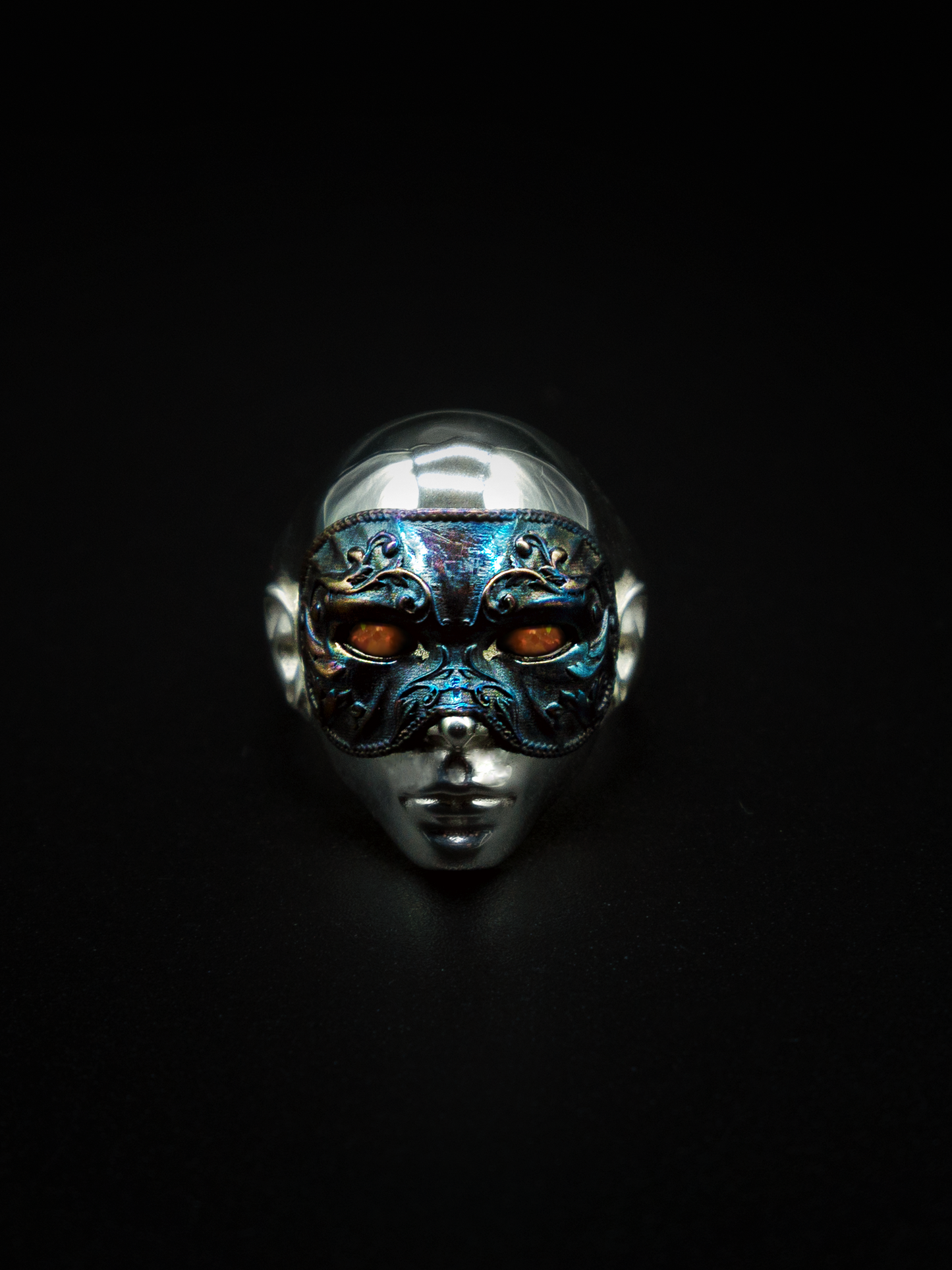 mask ring sterling silver mens and womens jewelry, face mask, Victorian era ring, renaissance jewelry, orange opals