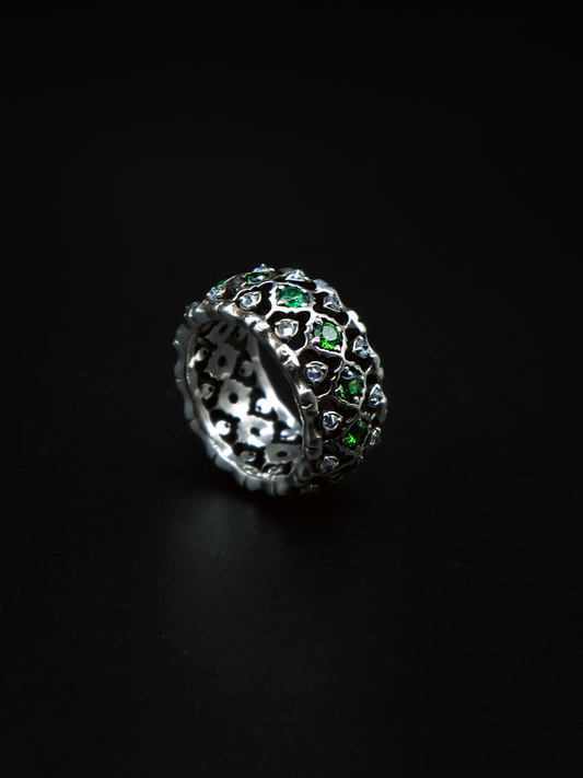 lilium ring, emeralds and white diamonds, upside down setting, mens and womens jewelry, s925,