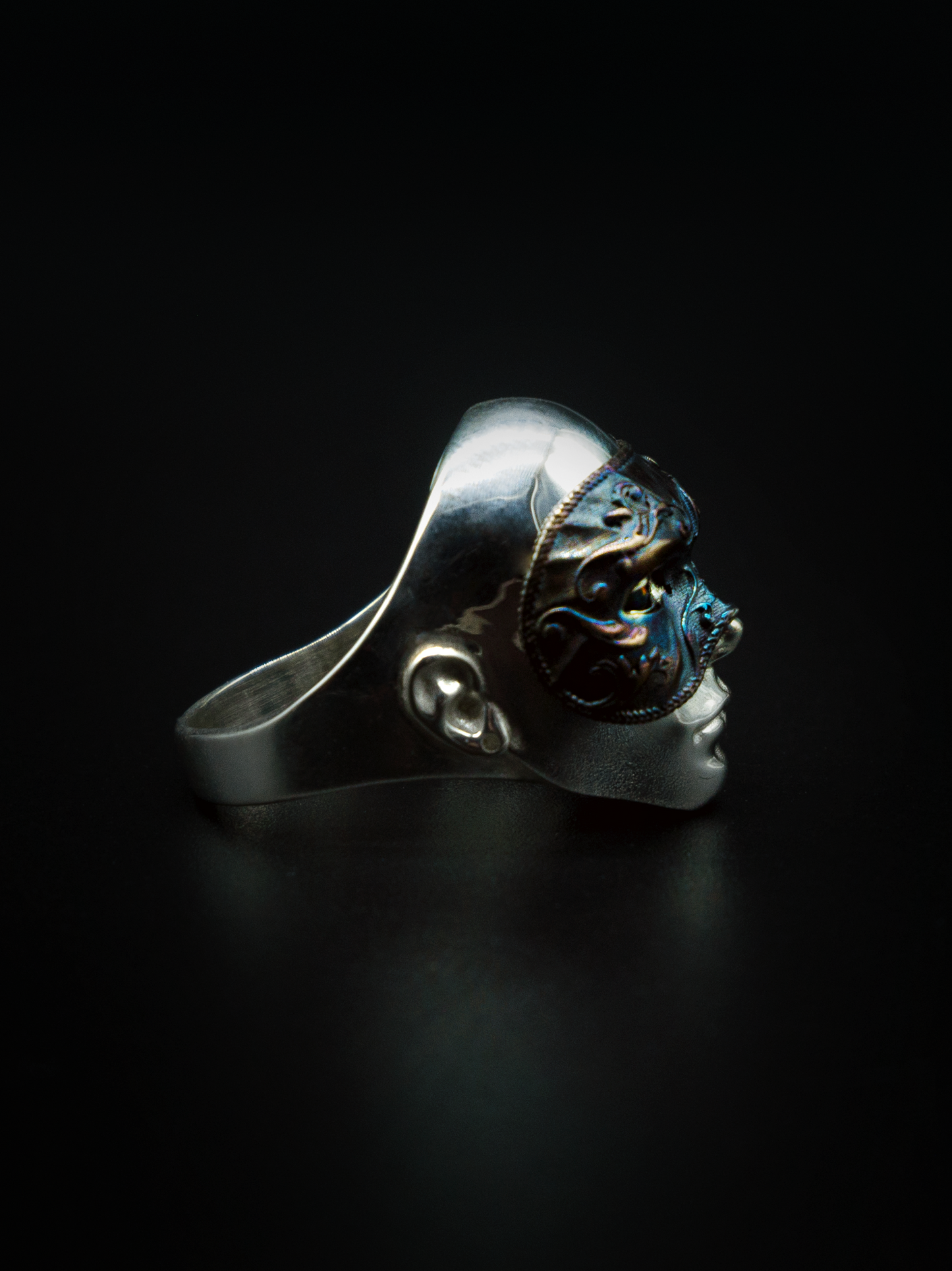 mask ring sterling silver mens and womens jewelry, face mask, Victorian era ring, renaissance jewelry, opals