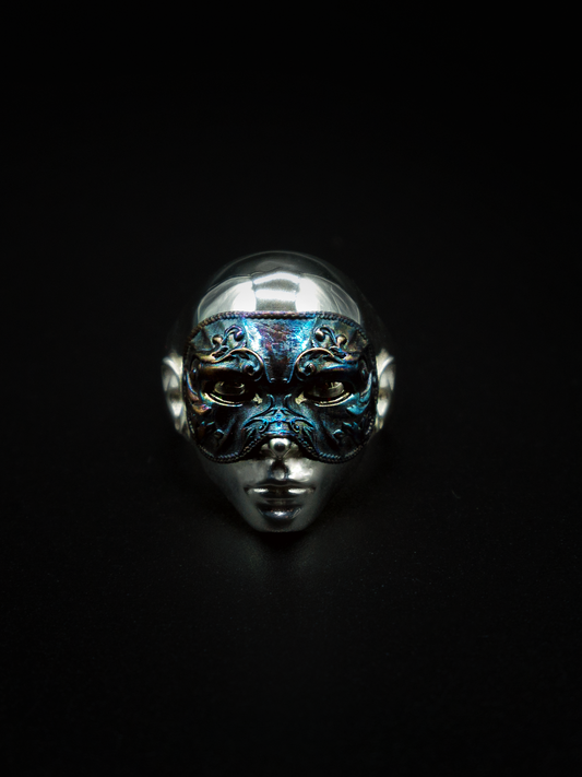mask ring sterling silver mens and womens jewelry, face mask, Victorian era ring, renaissance jewelry, opals