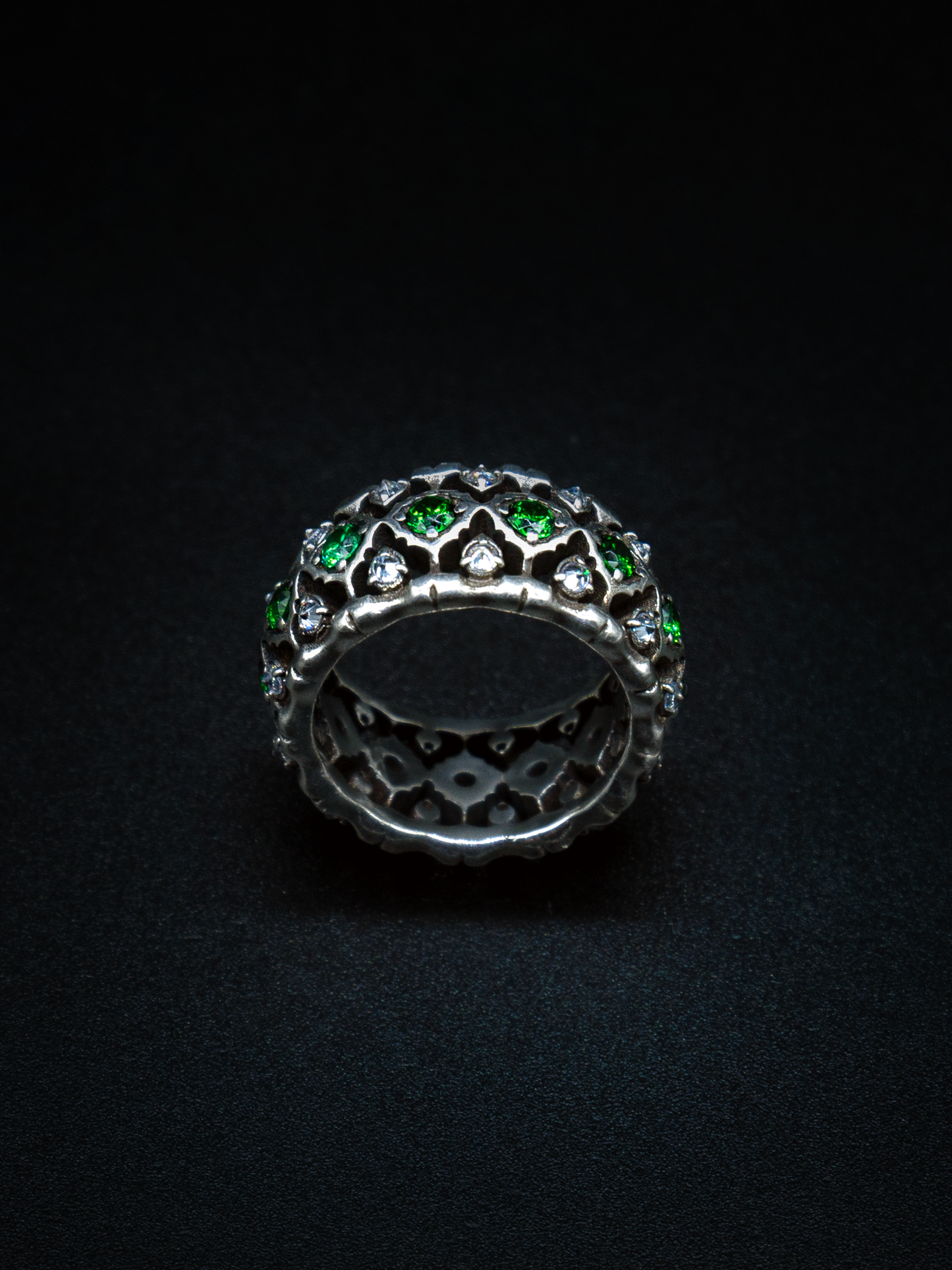 lilium ring, emeralds and white diamonds, upside down setting, mens and womens jewelry, s925, 