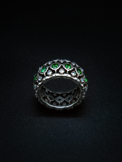 lilium ring, emeralds and white diamonds, upside down setting, mens and womens jewelry, s925, 