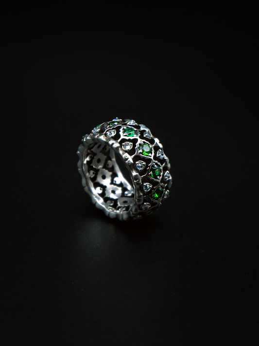 lilium ring, emeralds and white diamonds, upside down setting, mens and womens jewelry, s925, 