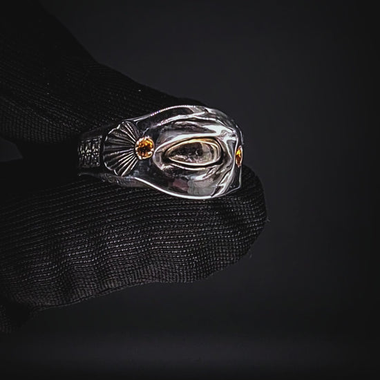 providentia eye ring made from sterling silver, sapphire stone eyes, blinking kinetic moving jewelry video